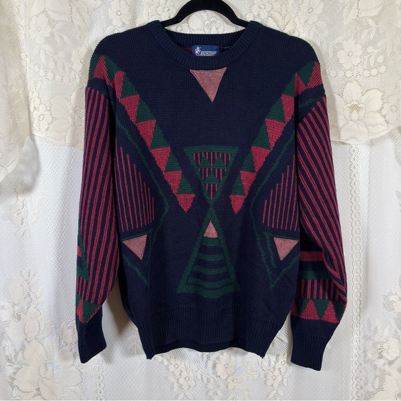 Vintage Geometric Patterned Crewneck Sweater Navy Blue Red Green Size Small - Picture 4 of 7